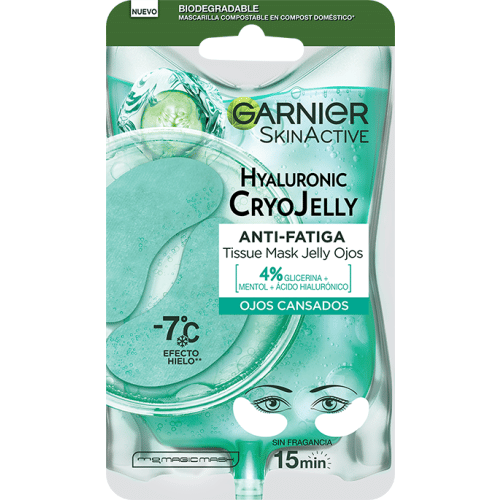 Garnier Tissue Mask Hyaluronic Cryo Jelly Antifatiga para contorno de ojos.