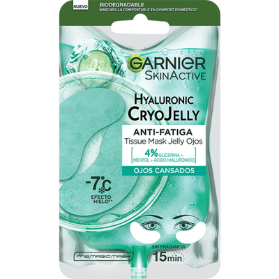 Garnier Tissue Mask Hyaluronic Cryo Jelly Antifatiga para contorno de ojos.