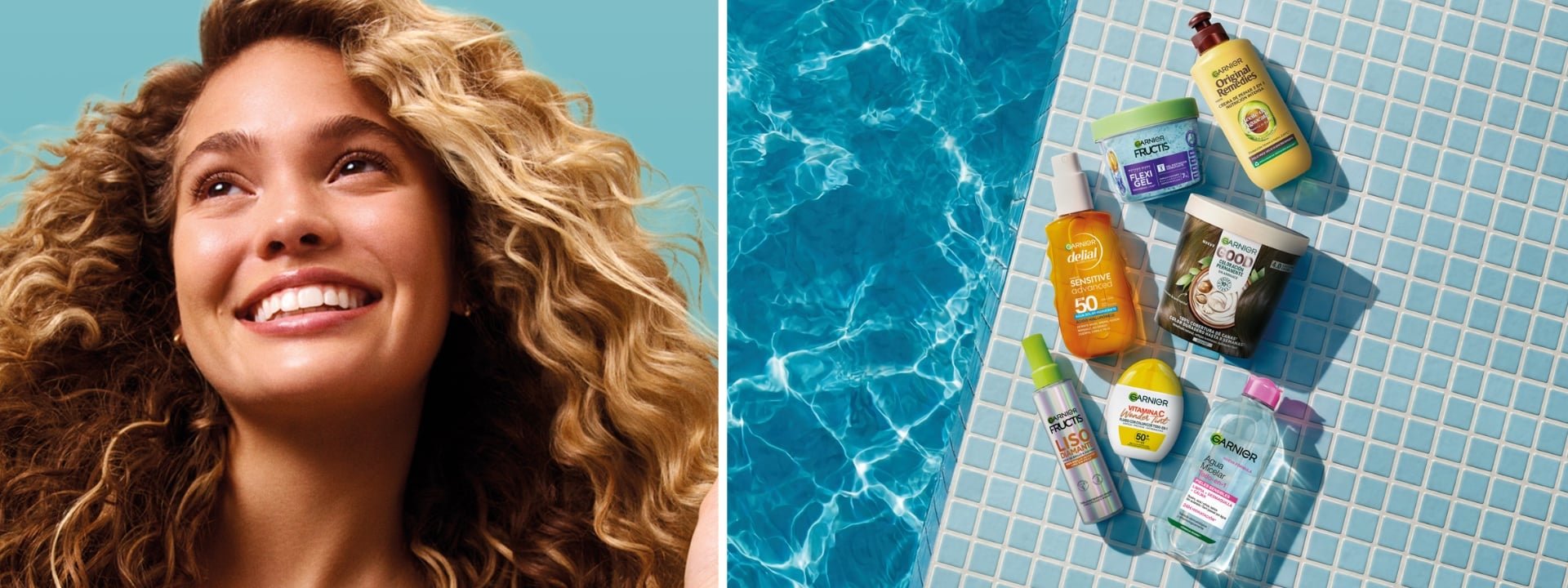 Imagen  de productos Garnier en piscina y de chica rubia con rizos