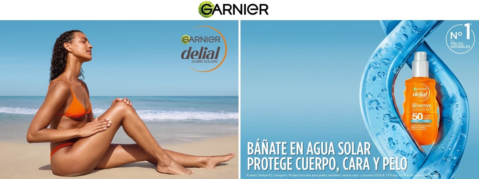 chica en biquini tomando el sol en la playa y agua solar de delial