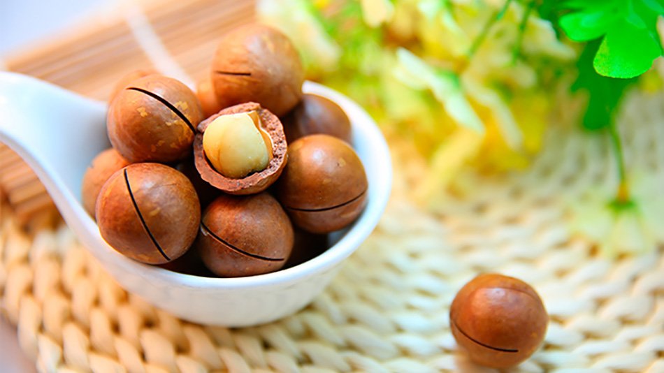 Cuchara con macadamias en una mesa