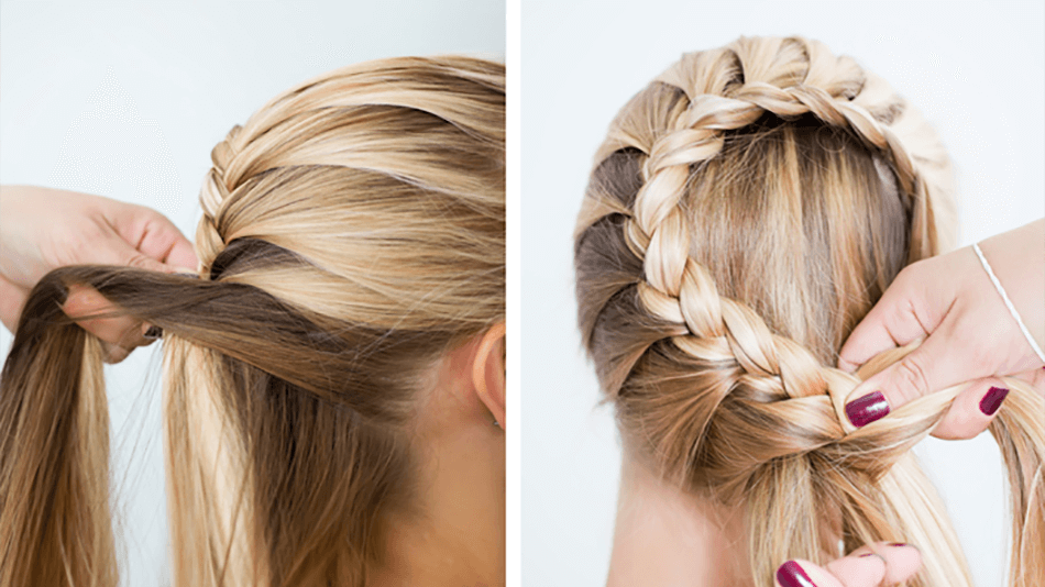 Dos imágenes de manos realizando trenza y moño respectivamente